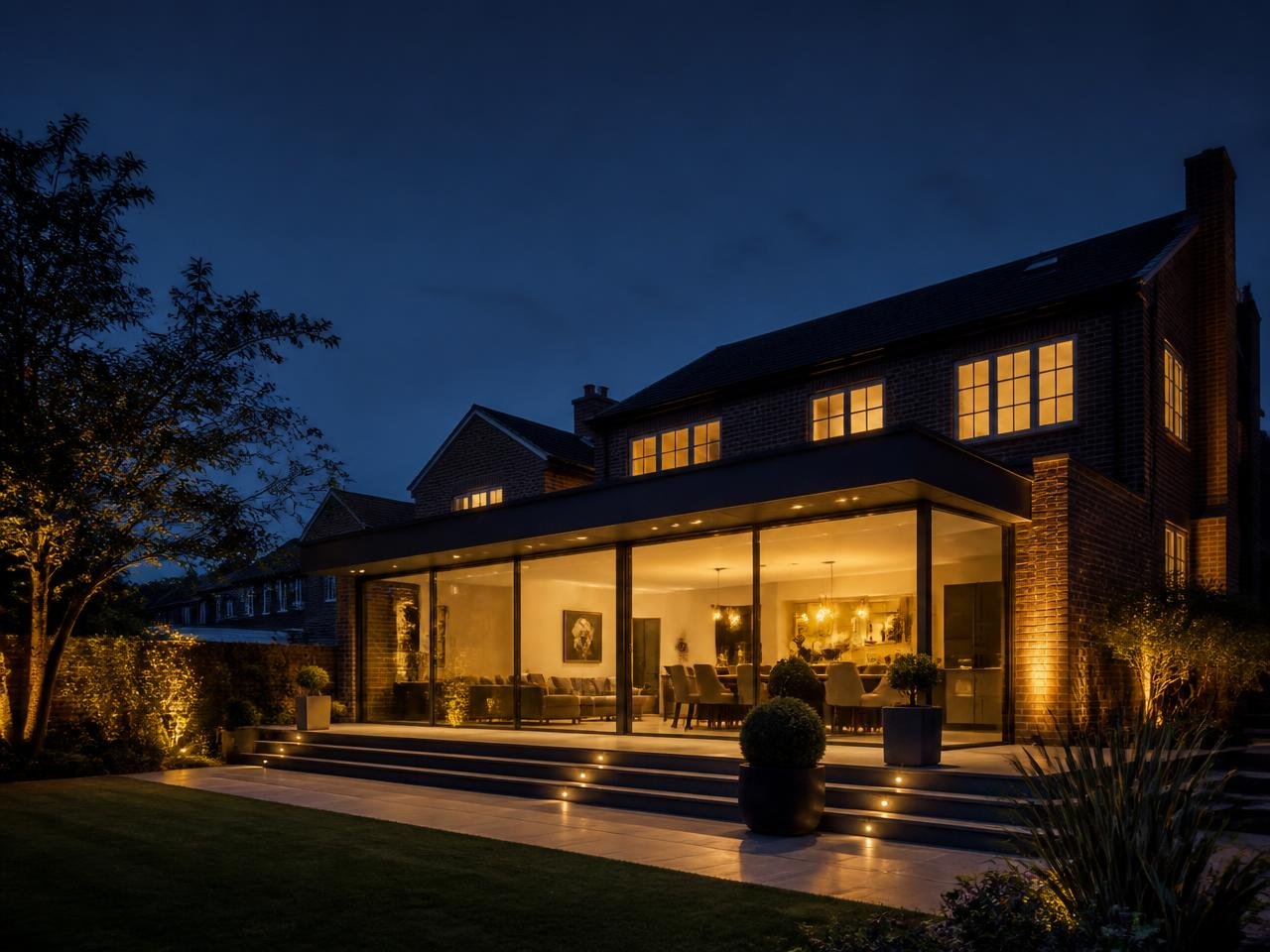Completed contemporary rear extension at dusk in Hertfordshire