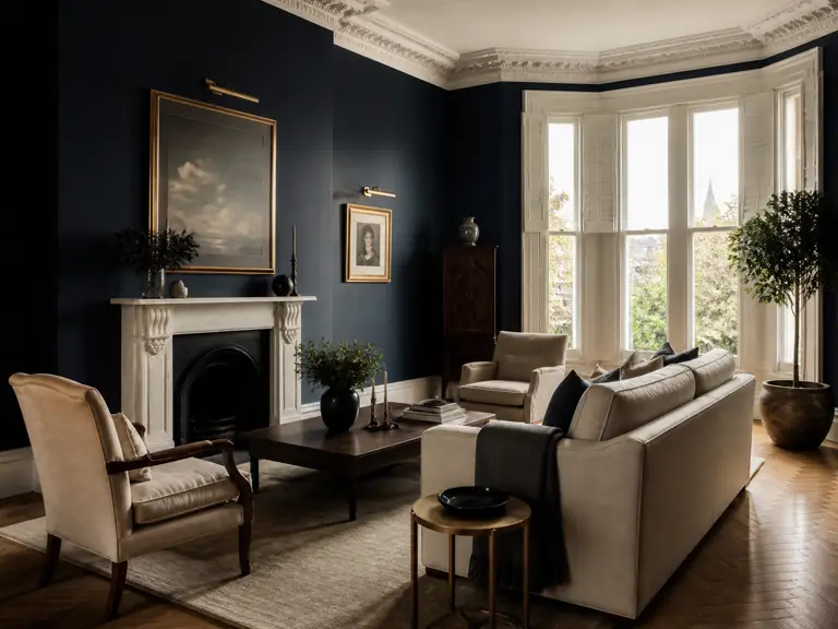 Traditional heritage drawing room with restored cornicing and period fireplace