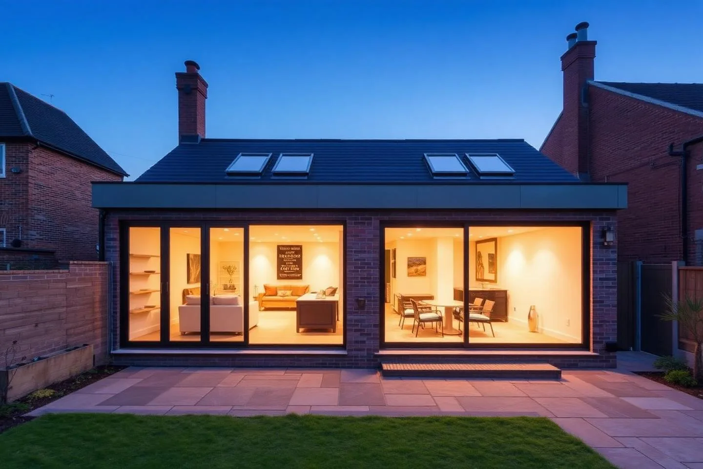 Completed contemporary brick rear extension with full-width sliding glazing, open-plan living, illuminated patio, and landscaped lawn in Highgate, North London